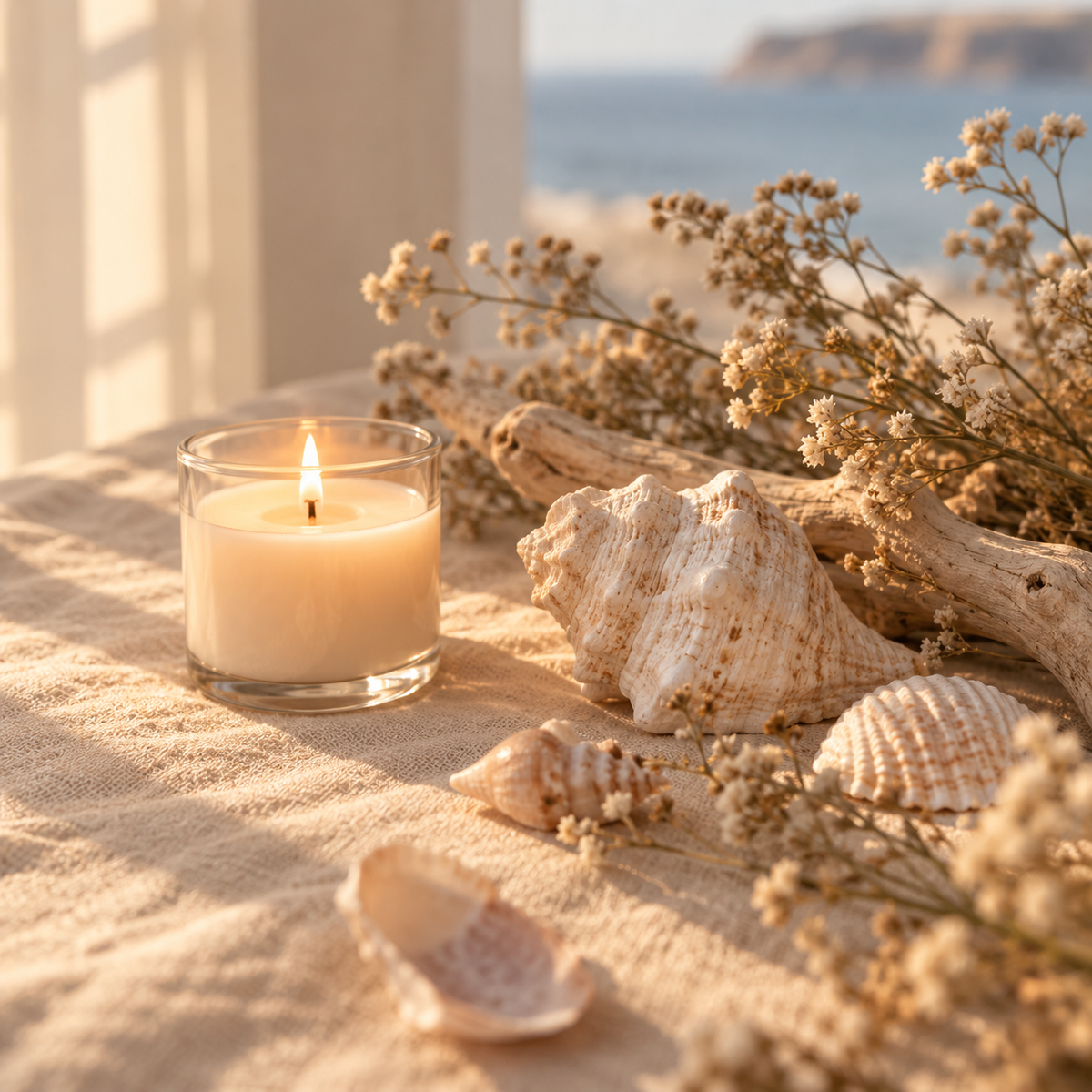 Lit candle with seashells and driftwood by the sea