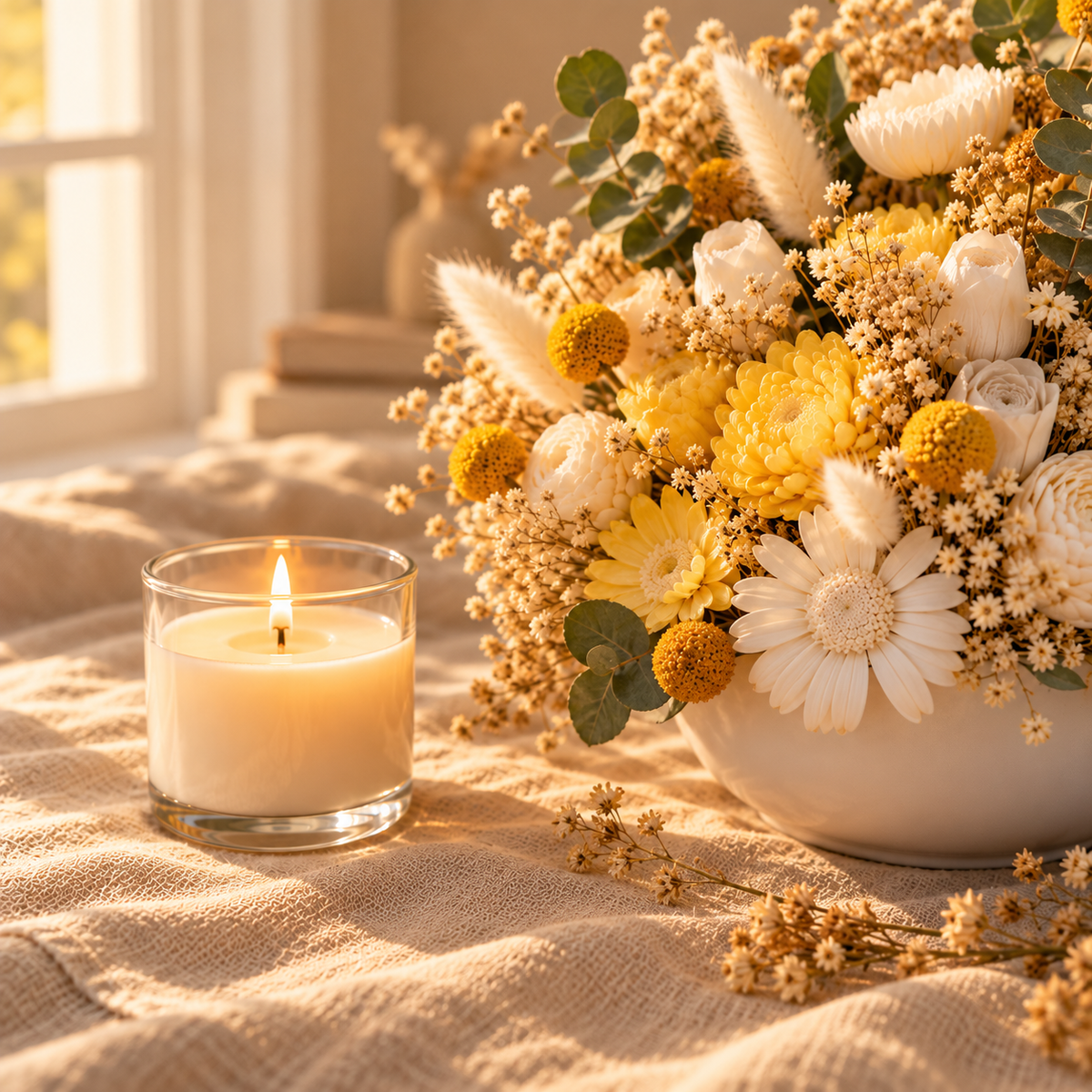 Lit candle beside a dried flower arrangement