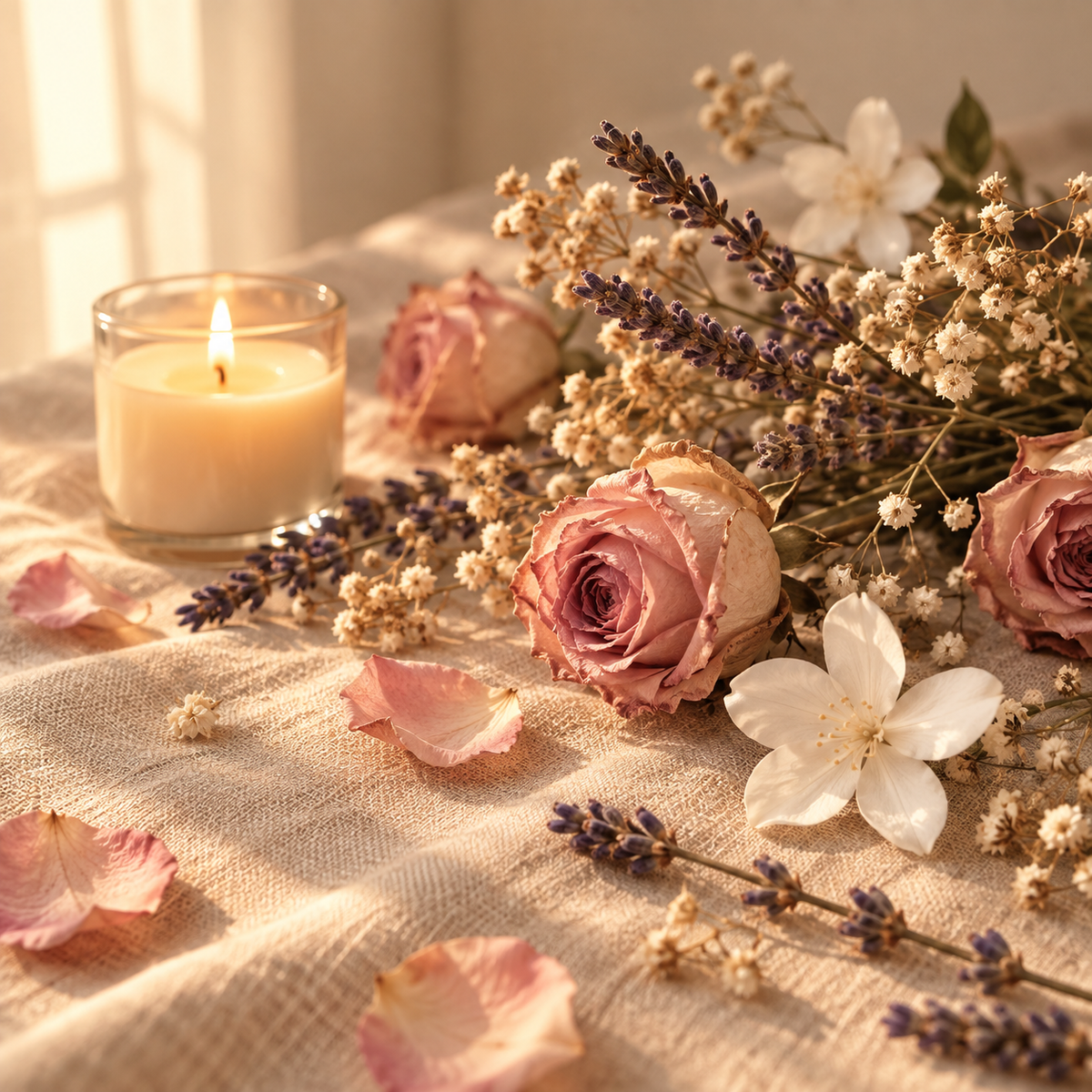 Lit candle with dried roses, lavender and flowers