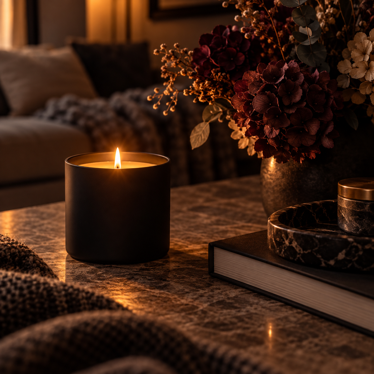 Candle in a matte black vessel on a marble table at night