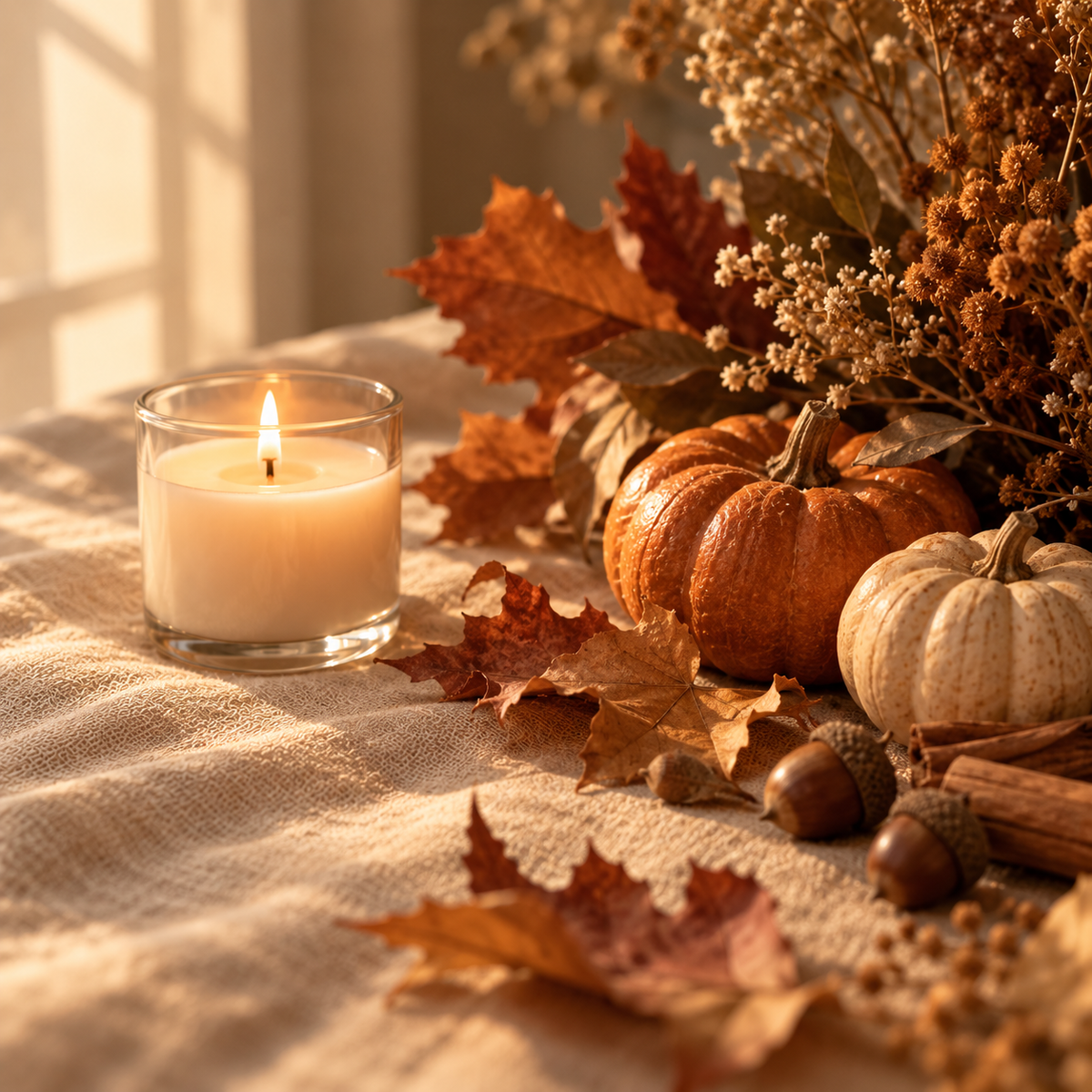 Lit candle with autumn leaves, pumpkins and cinnamon