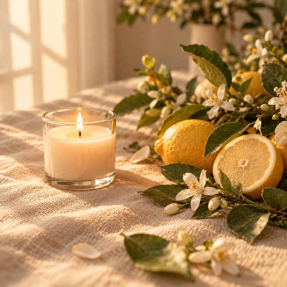 Lit candle with fresh lemons and orange blossoms
