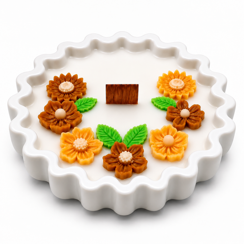 Wavy Edge Candle - hand-poured soy candle in a scalloped white ceramic dish with orange and brown wax flowers and green leaf accents