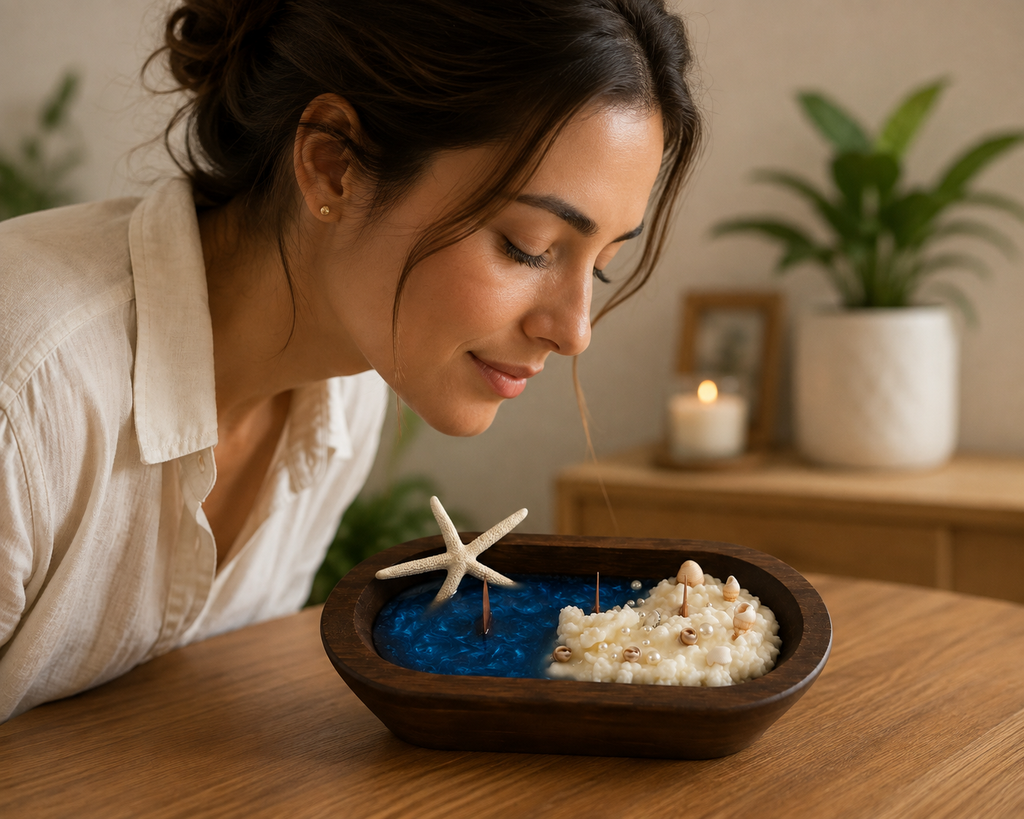 A woman leans over a wooden bowl containing blue resin with a starfish and rice, in a softly lit indoor setting with a candle and plants in the background.