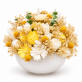 Sunlit Bouquet - hand-shaped soy wax flowers with dried florals and eucalyptus in a round white vessel, in gold, yellow, and cream tones