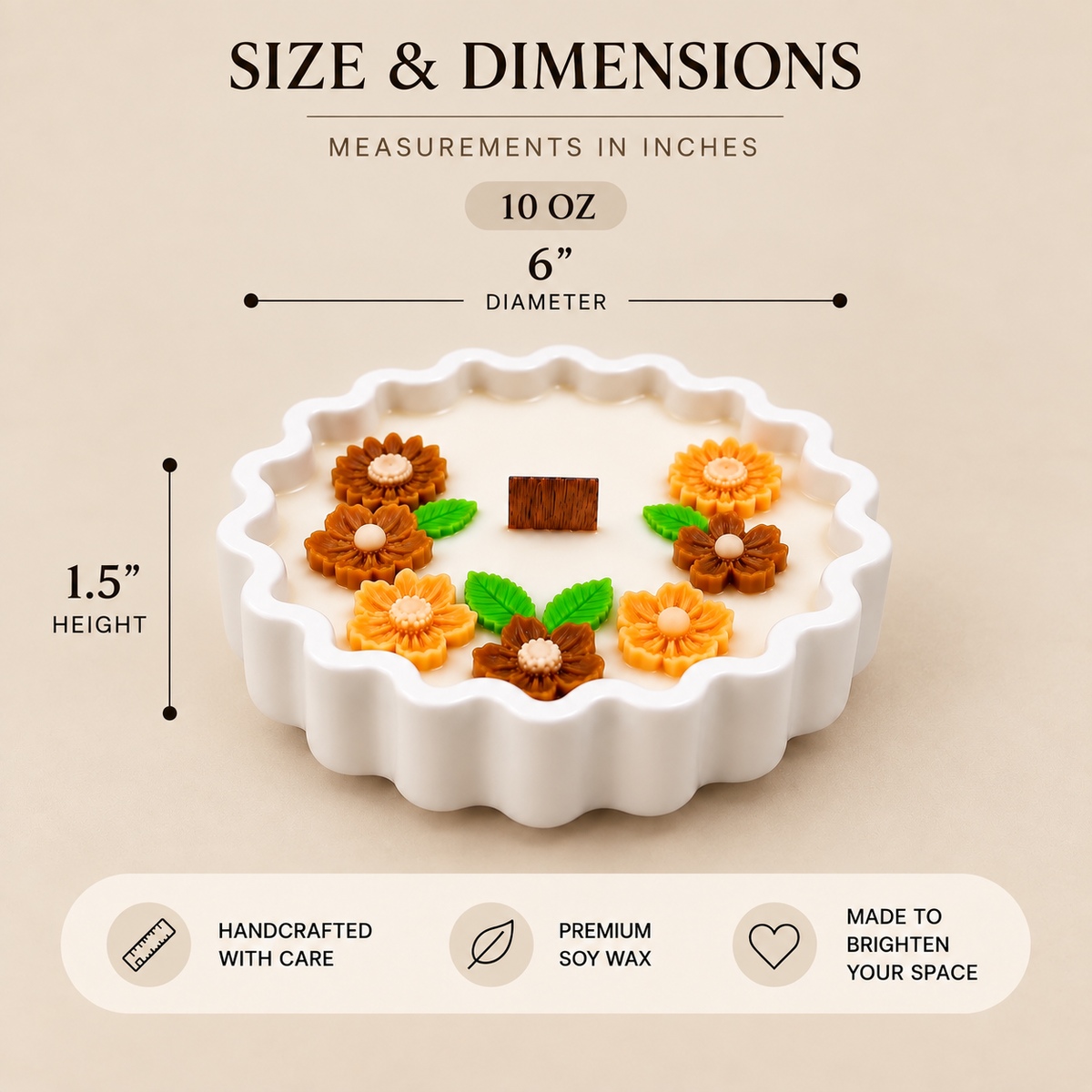 Wavy Edge Candle 10 oz size chart showing 6 inch diameter and 1.5 inch height