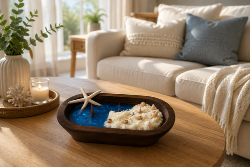 Shoreline Candle displayed on a coffee table in a coastal-style living room