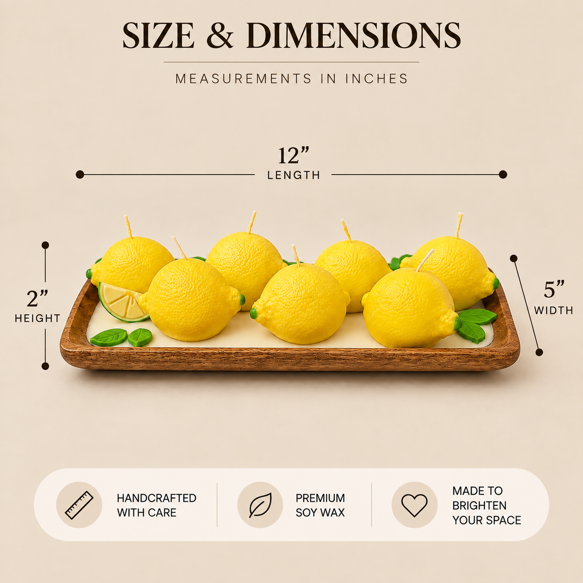 Citrus Grove Candle size chart showing 12 inch length, 5 inch width, and 2 inch height