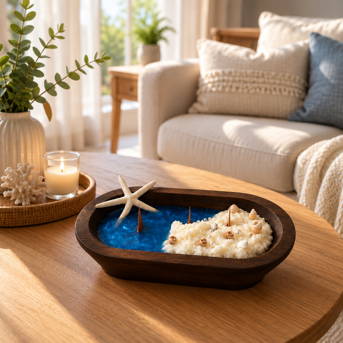 Shoreline Candle styled on a wood coffee table in a bright coastal living room