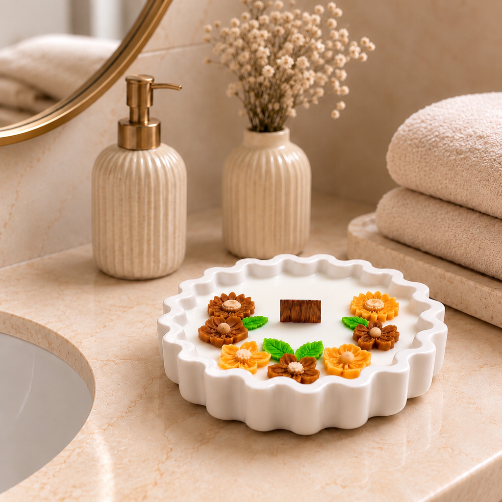 Wavy Edge Candle styled on a bathroom counter with dried flowers and folded towels
