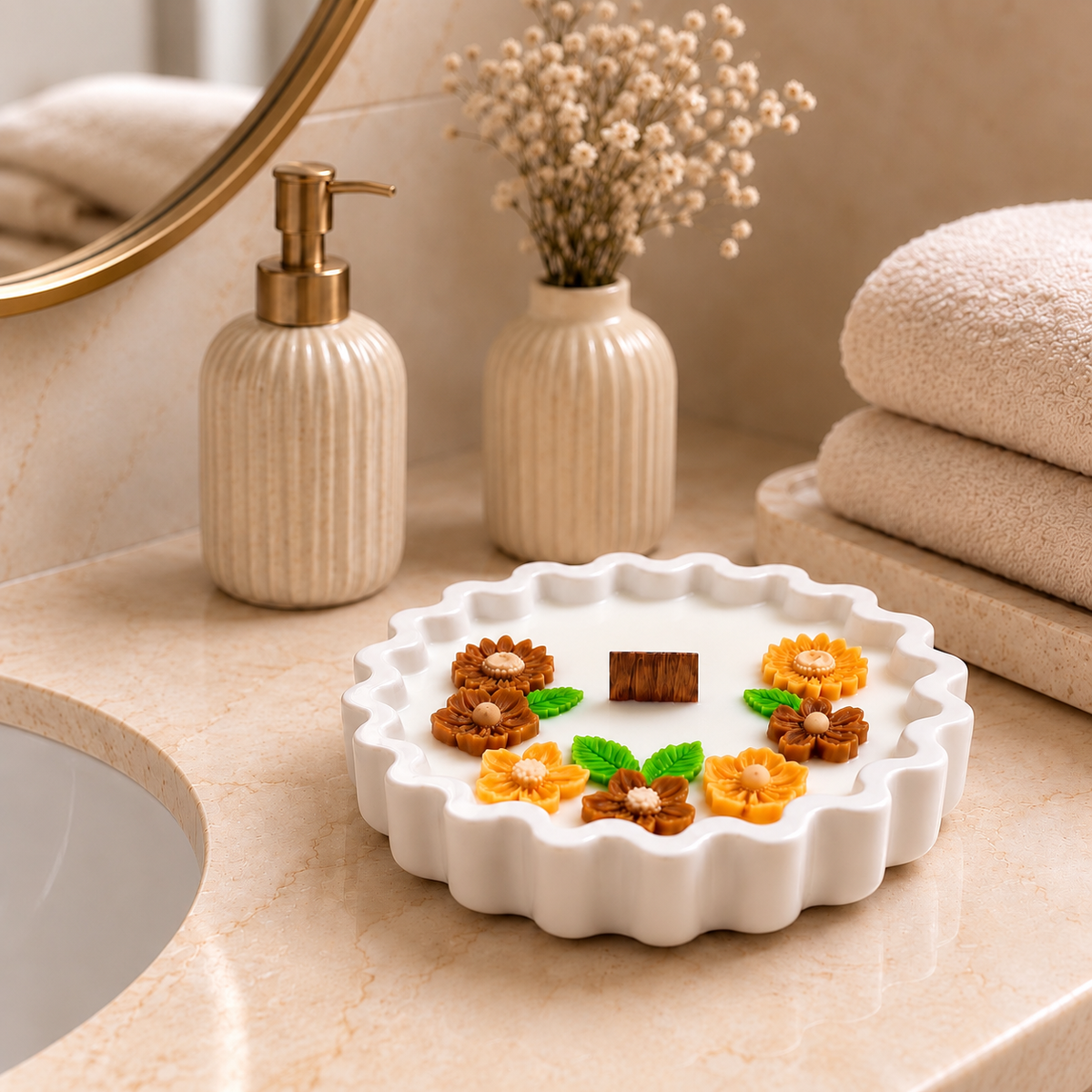 Wavy Edge Candle styled on a bathroom counter with dried flowers and folded towels