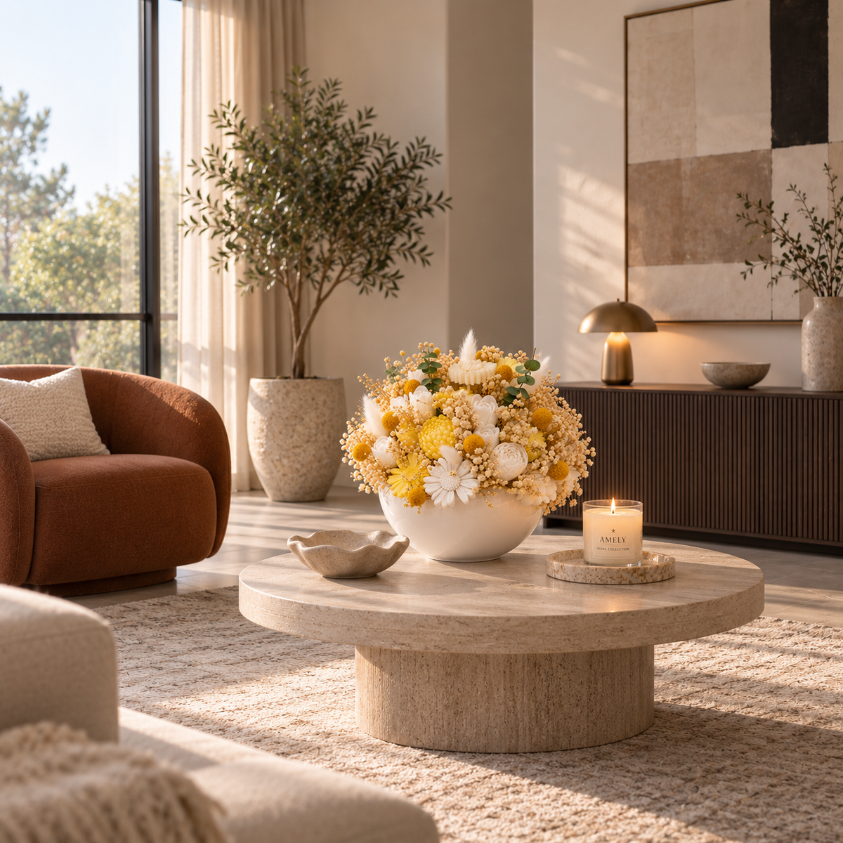 Sunlit Bouquet as a centerpiece on a coffee table in a sunlit living room