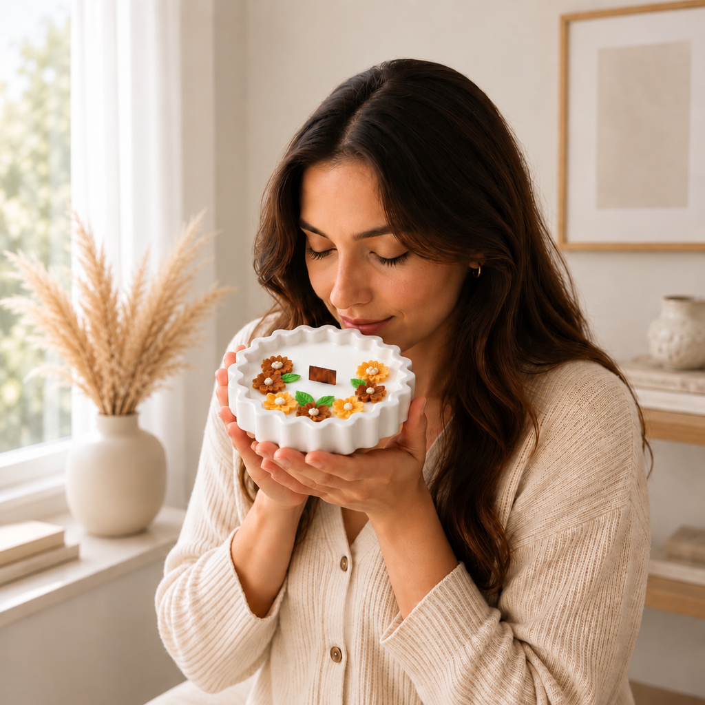 Woman holding and smelling the Wavy Edge Candle in a bright, cozy room