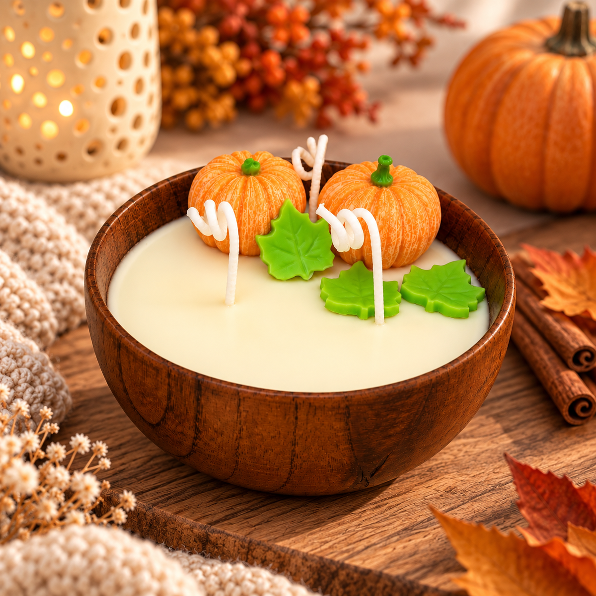 Pumpkin Harvest Candle styled on a wood table with autumn leaves, cinnamon sticks, and a lit lantern