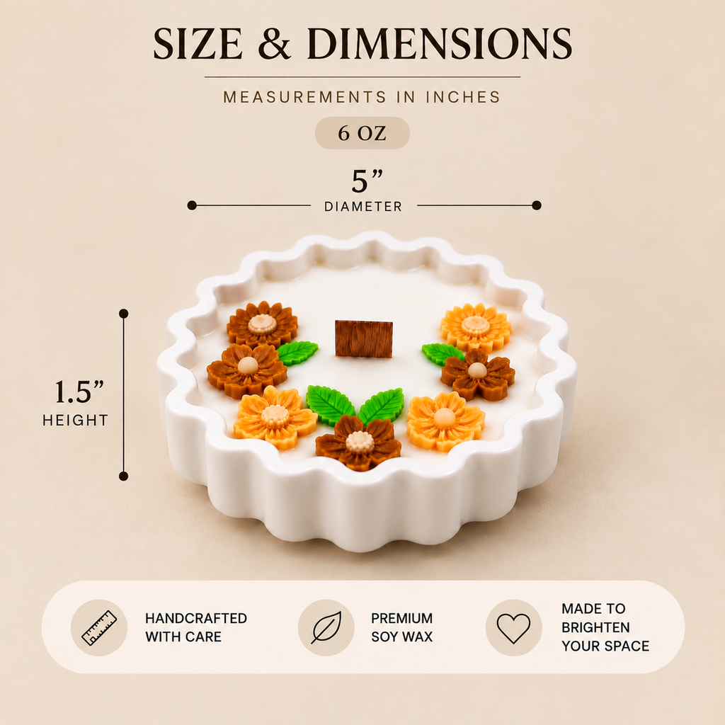 Wavy Edge Candle 6 oz size chart showing 5 inch diameter and 1.5 inch height