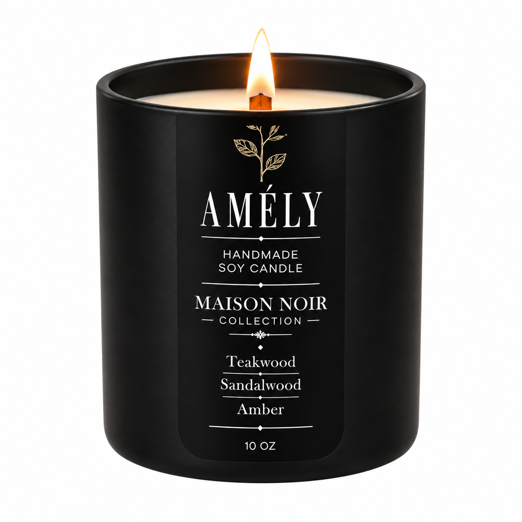 Maison Noir Collection candle in Amber scent, lit, on a white background