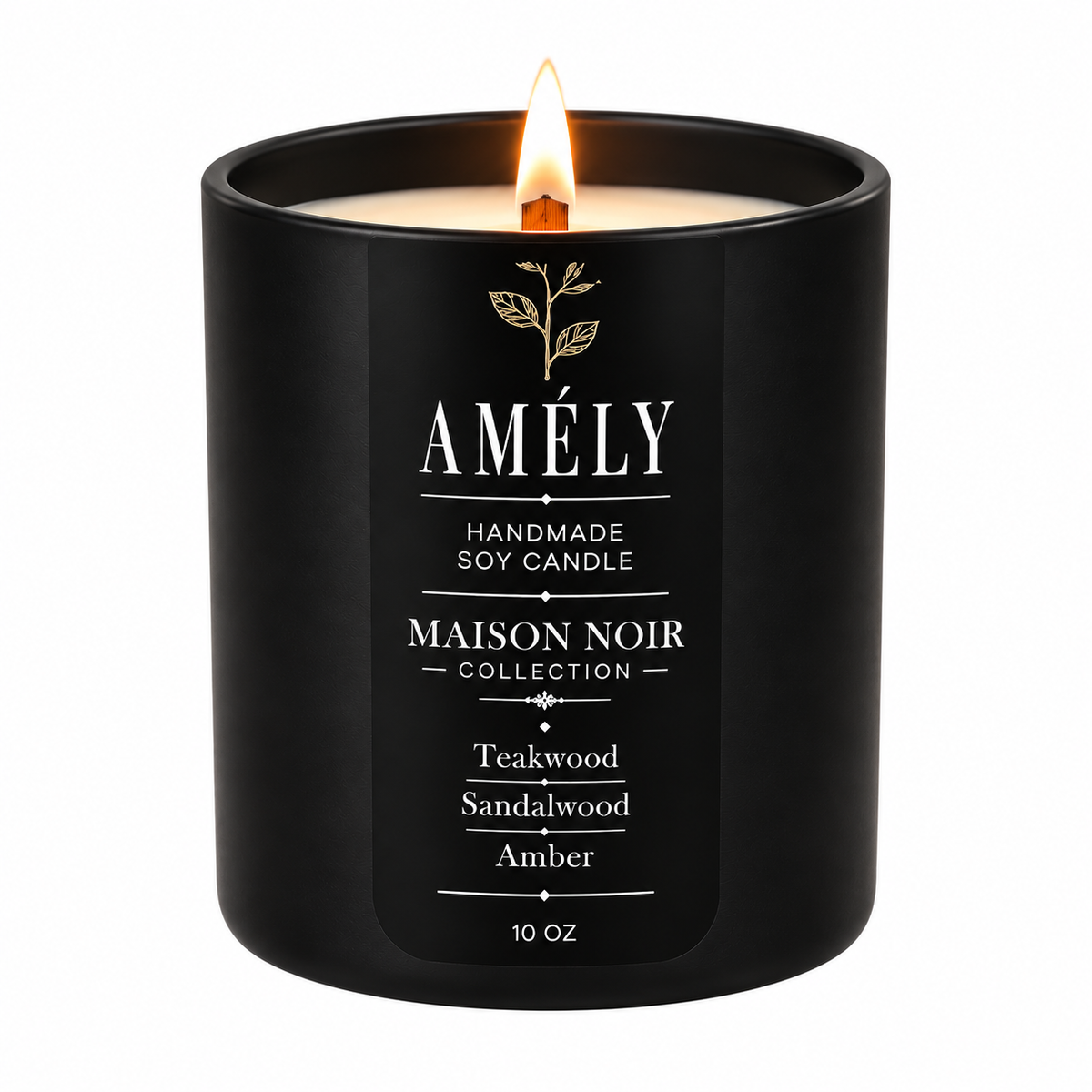 Maison Noir Collection candle in Amber scent, lit, on a white background