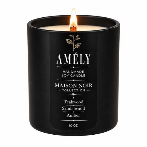 Maison Noir Collection candle in Amber scent, lit, on a white background