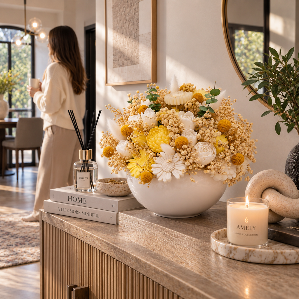 Sunlit Bouquet styled on an entryway console with a reed diffuser and AMELY candle