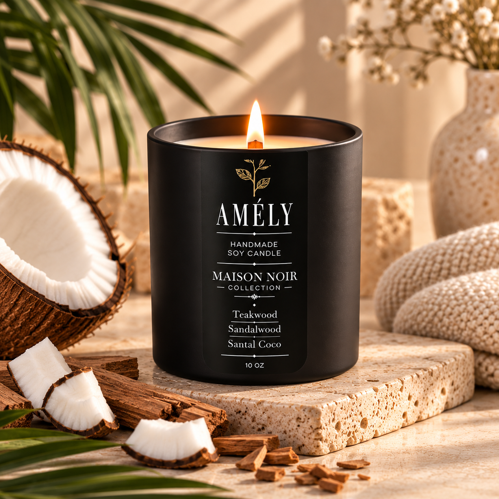 Maison Noir Collection candle in Santal Coco scent, lit, styled with coconut and sandalwood pieces