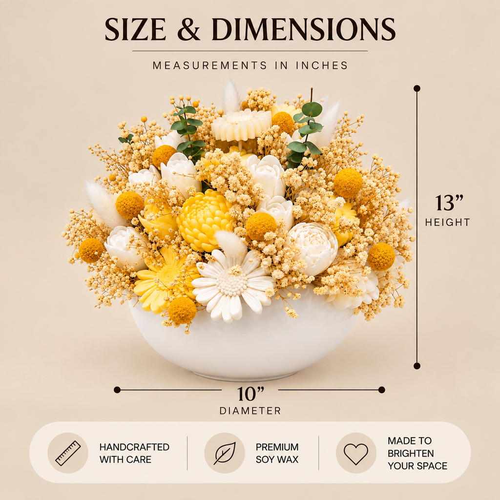 Sunlit Bouquet size chart showing 10 inch diameter and 13 inch height
