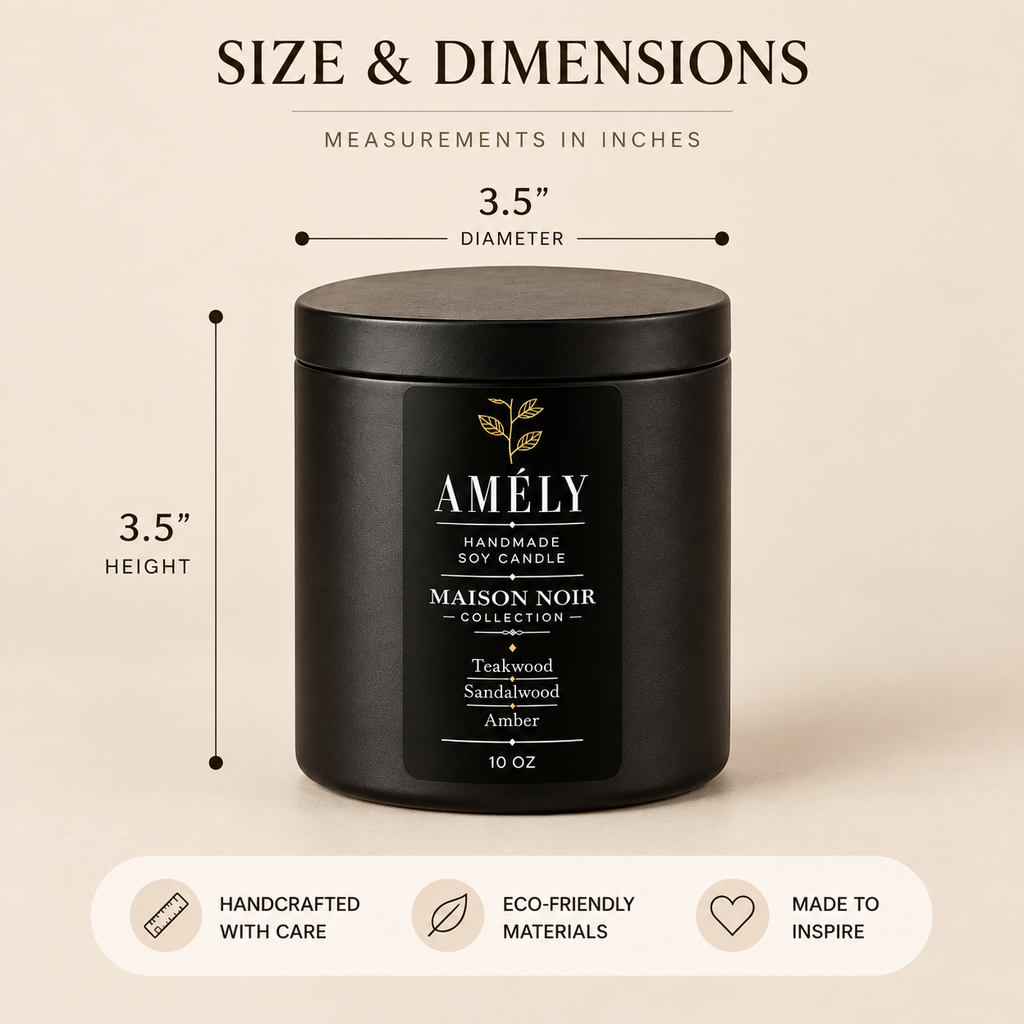 Maison Noir Collection size chart showing 3.5 inch diameter and 3.5 inch height