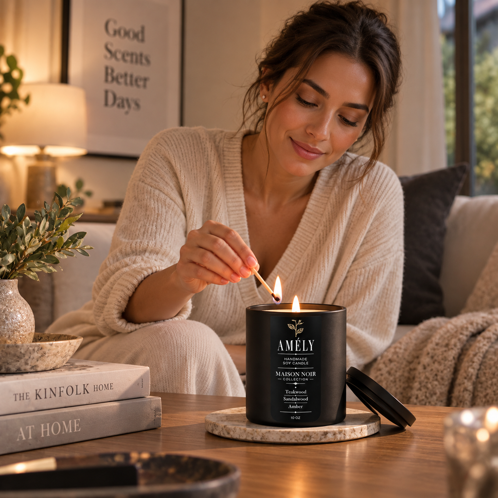 Woman lighting the Maison Noir Collection candle in a warmly lit living room