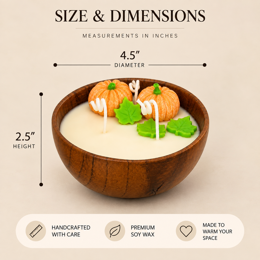 Pumpkin Harvest Candle size chart showing 4.5 inch diameter and 2.5 inch height