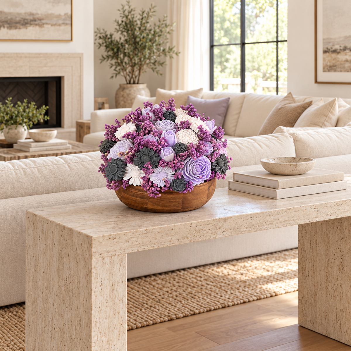 Lilac Garden styled on a stone coffee table in a bright living room