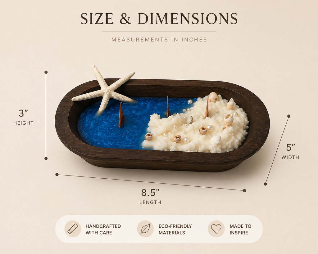 Size and dimensions chart for the Shoreline Candle: 3 inches height, 5 inches width, 8.5 inches length.