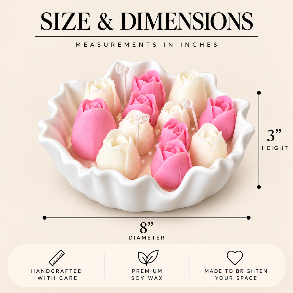 Petal Bloom Candle size chart showing 8 inch diameter and 3 inch height