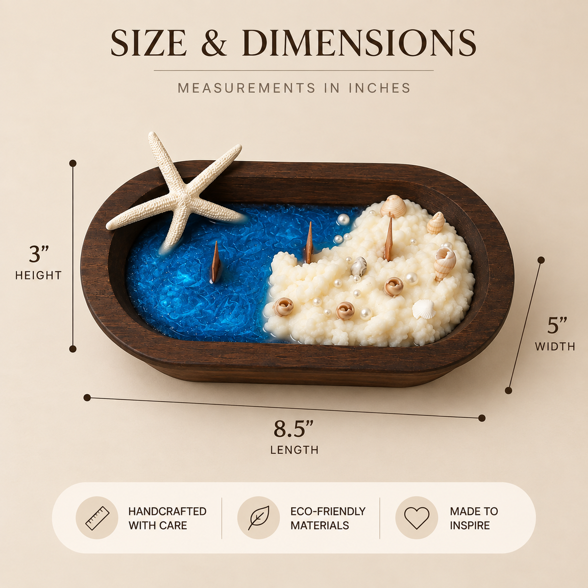 Shoreline Candle size chart showing 8.5 inch length, 5 inch width, and 3 inch height