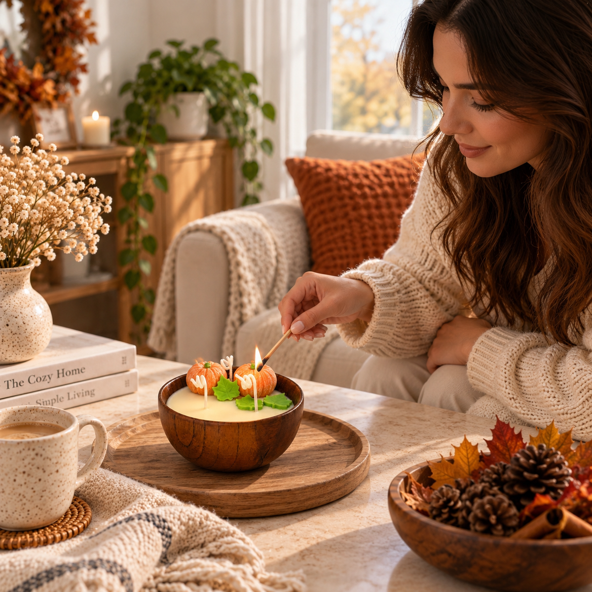 Woman lighting the Pumpkin Harvest Candle in a cozy autumn living room