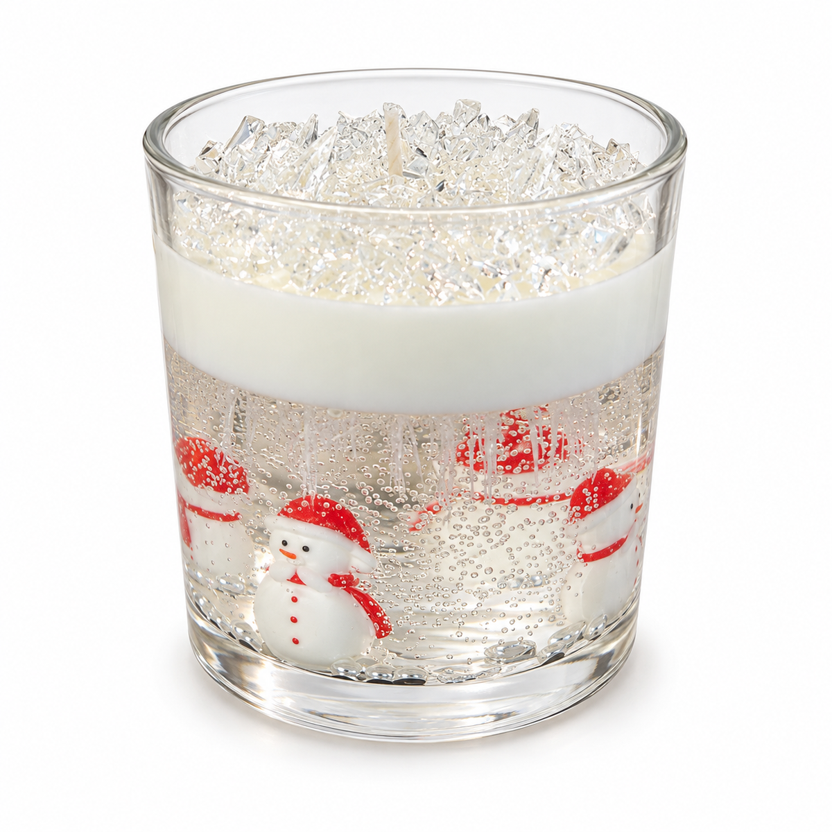 Snow Globe candle with four snowmen floating in clear gel wax