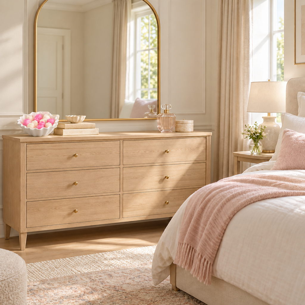 Petal Bloom Candle on a light wood dresser in a soft pink and cream bedroom