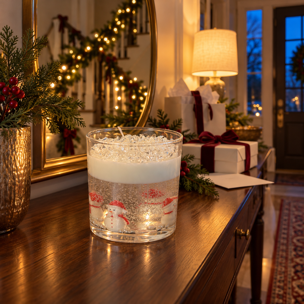 Snow Globe candle glowing on an entryway console at night