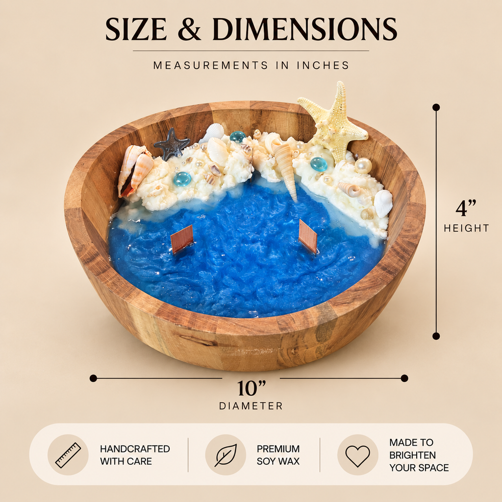 Ocean Bowl Candle size chart showing 10 inch diameter and 4 inch height
