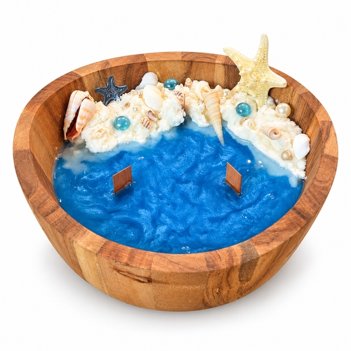 Ocean Bowl Candle in a round wood bowl with blue wax, white foam and seashells