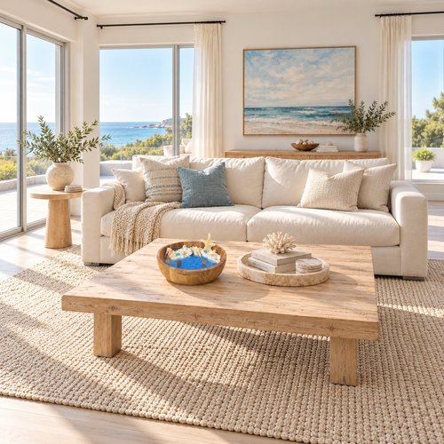 Nombre: Vela_oceano_sala_costera
Alt: Ocean Bowl Candle on a wood coffee table in a bright living room overlooking the sea