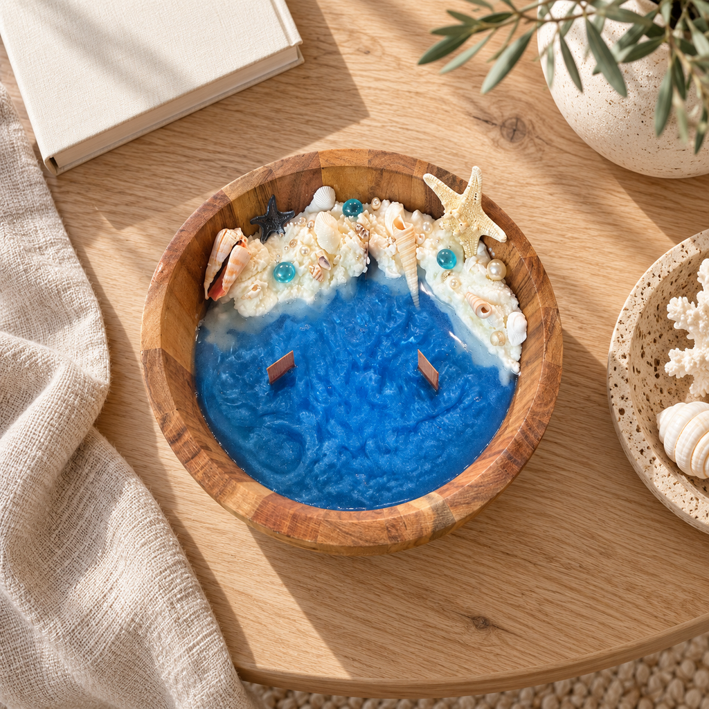 Ocean Bowl Candle seen from above on an oak table with a book and dried coral