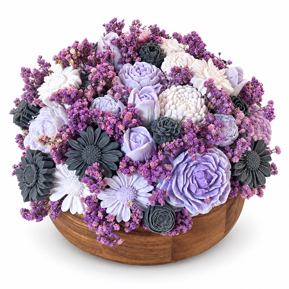 Lilac Garden - hand-shaped soy wax flowers with dried florals in a round wood bowl, in lilac, lavender, plum, and cream tones