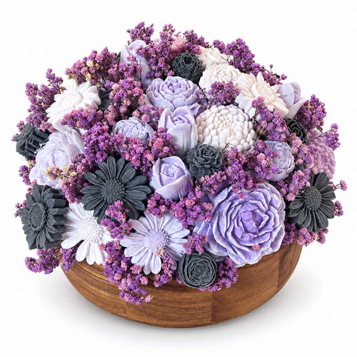 Lilac Garden - hand-shaped soy wax flowers with dried florals in a round wood bowl, in lilac, lavender, plum, and cream tones